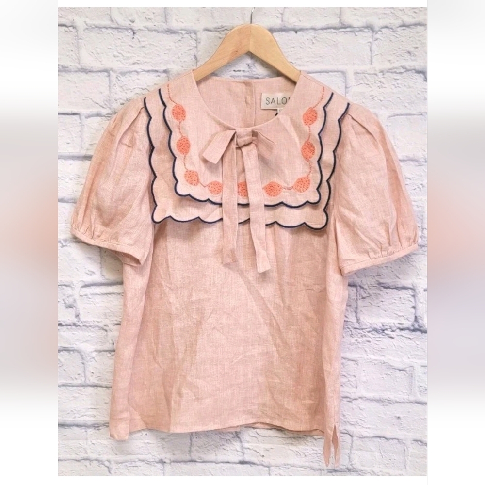 SALONI Marlowe Embellished Linen Top Peach/Pink Women's Size 6 NWT - Picture 4 of 15